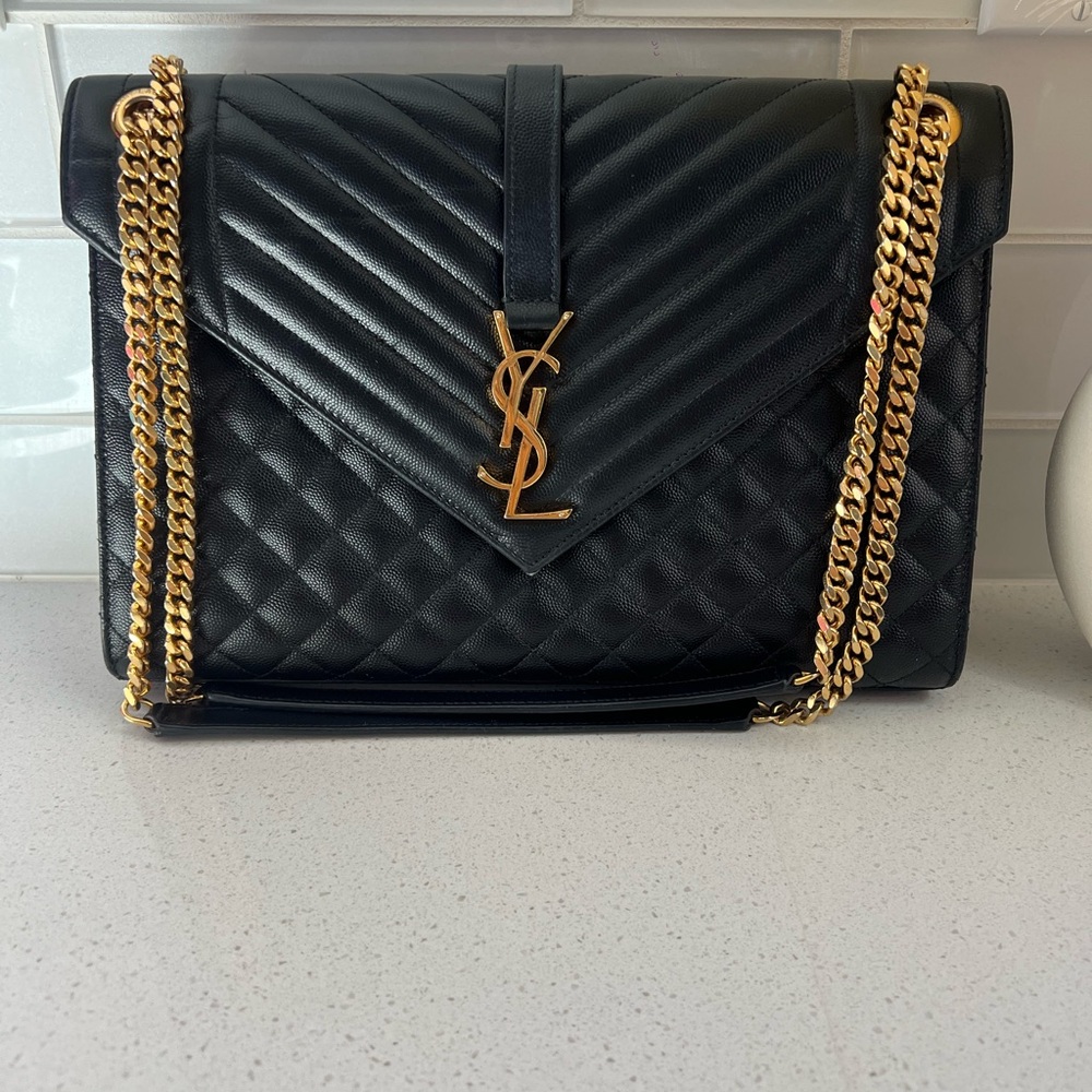 Yves Saint Laurent Black and Gold Quilted Large envelope Shoulder Bag